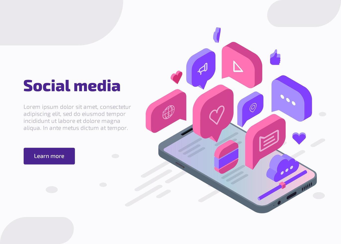 Social media marketing isometric web banner, landing page template. Influencer concept with like, chat, , music, heart, cloud, internet icons from smartphone screen. 3d illustration. vector