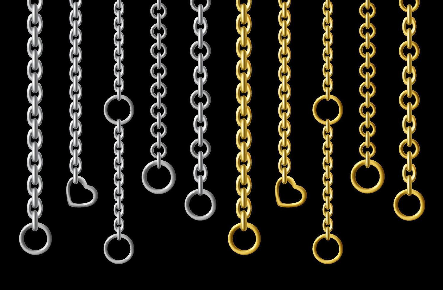 Silver and gold metal chains hanging vertically isolated on black background. set of steel chains with different shapes and sizes of links. Realistic connected stainless rings, upright jewelry. vector