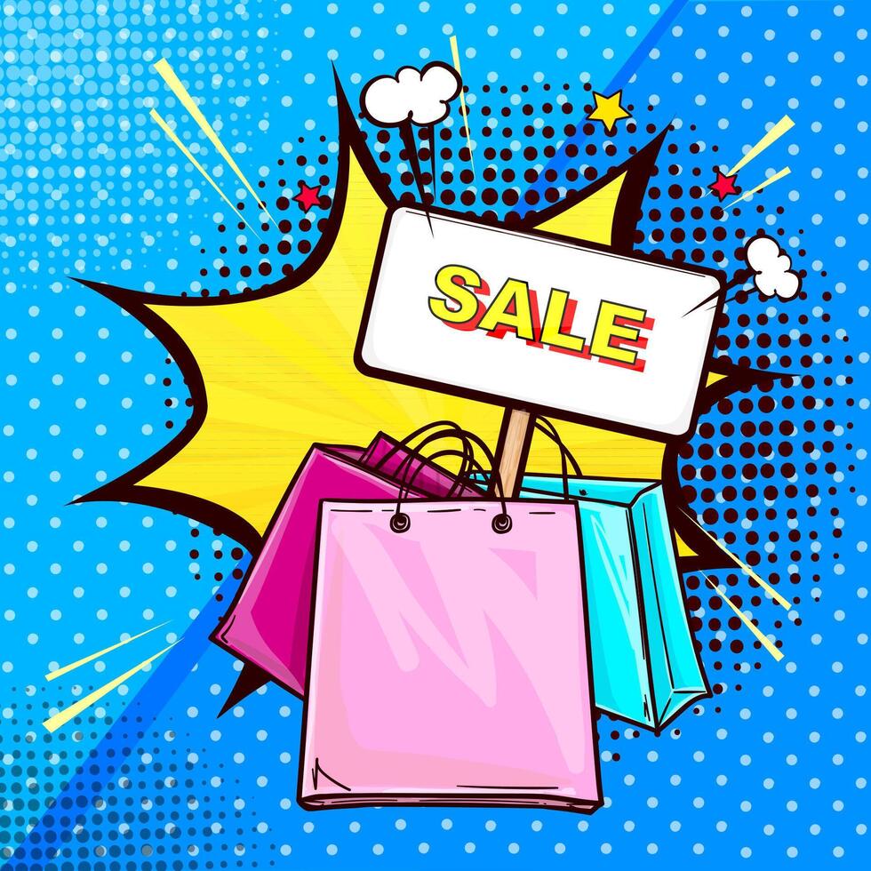 pop art illustration of colorful shopping bags with banner stick. Sale banner on dots halftone background with speech bubble in shape of a star. Poster for the advertising sales and discounts. vector