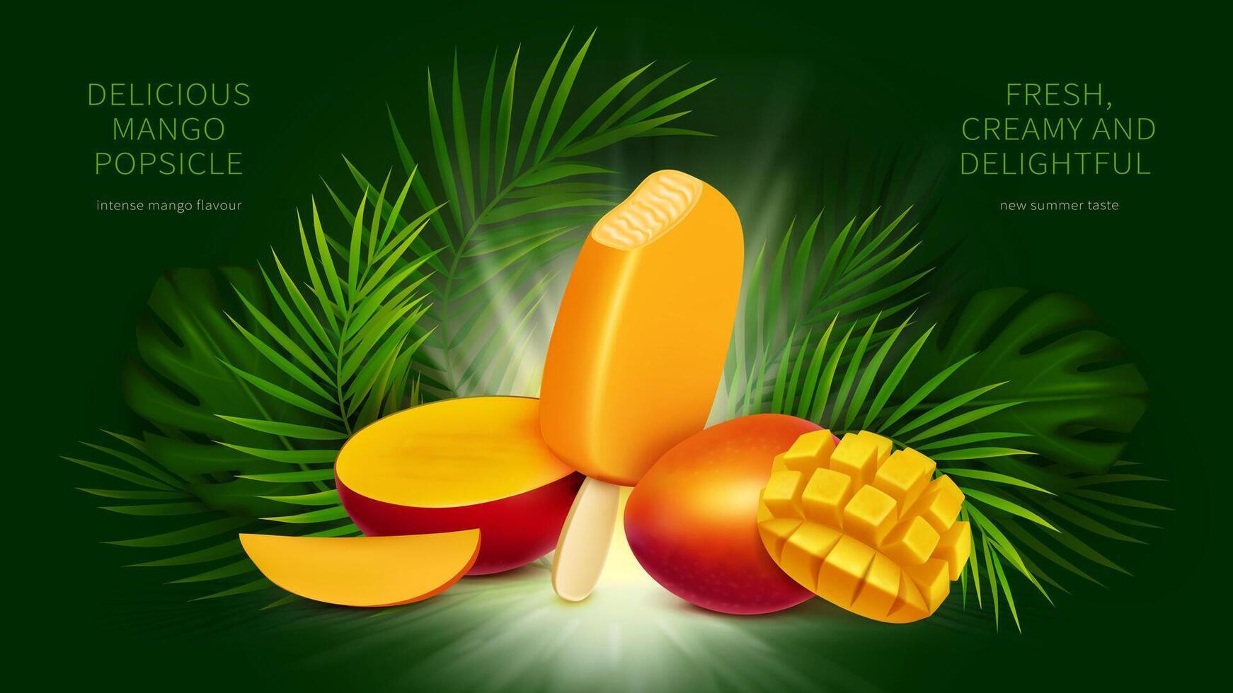 Mango popsicle, bitten yellow ice cream and slices of tropical fruit next to green palm and monstera leaves realistic illustration. Mock up ad banner for exotic fruit flavor icecream vector