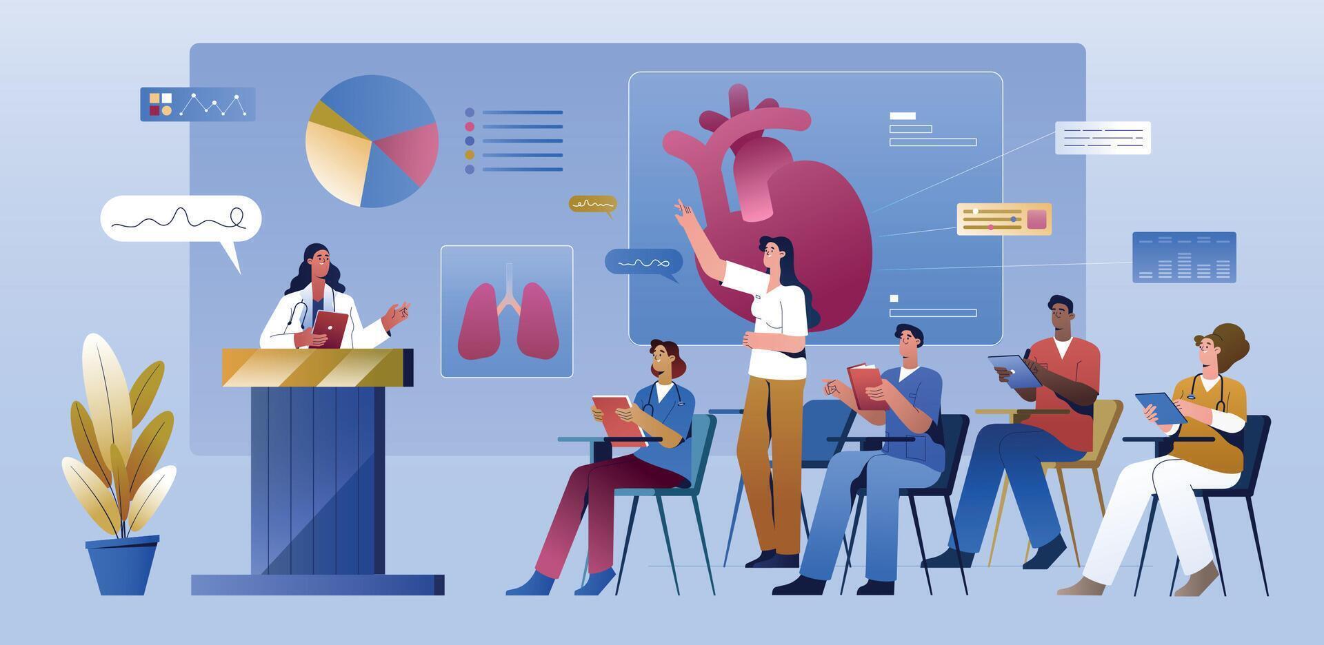 Medical education lecture or training course of doctors in clinic. Scientific conference for health professional. College students listening professor. Physician seminar about lungs or cardiac disease vector