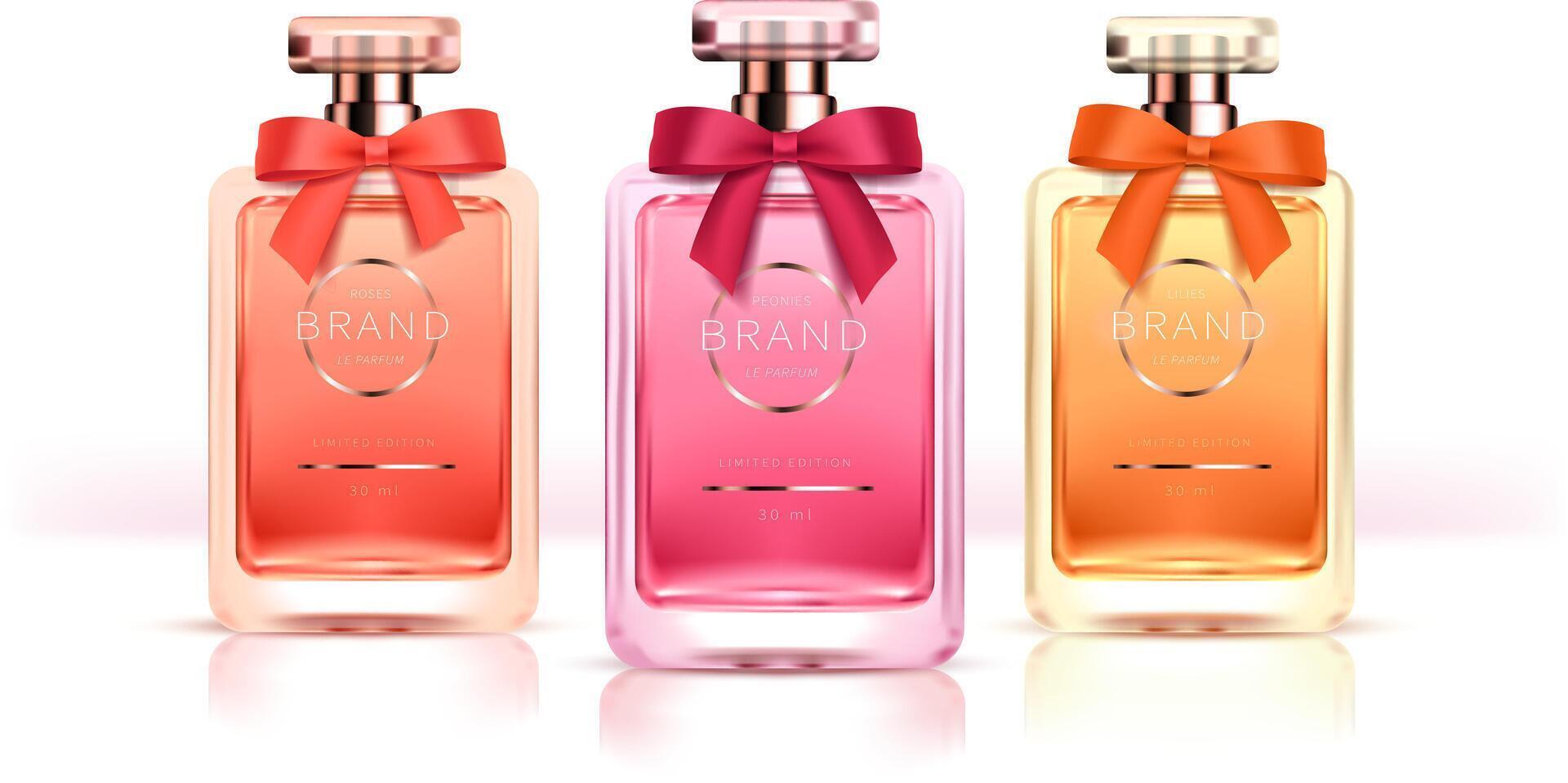 Elegant glass bottles for womens perfumes with silk ribbon on the cap realistic . Classic packaging for fragrances and interior perfumes isolated on white background vector