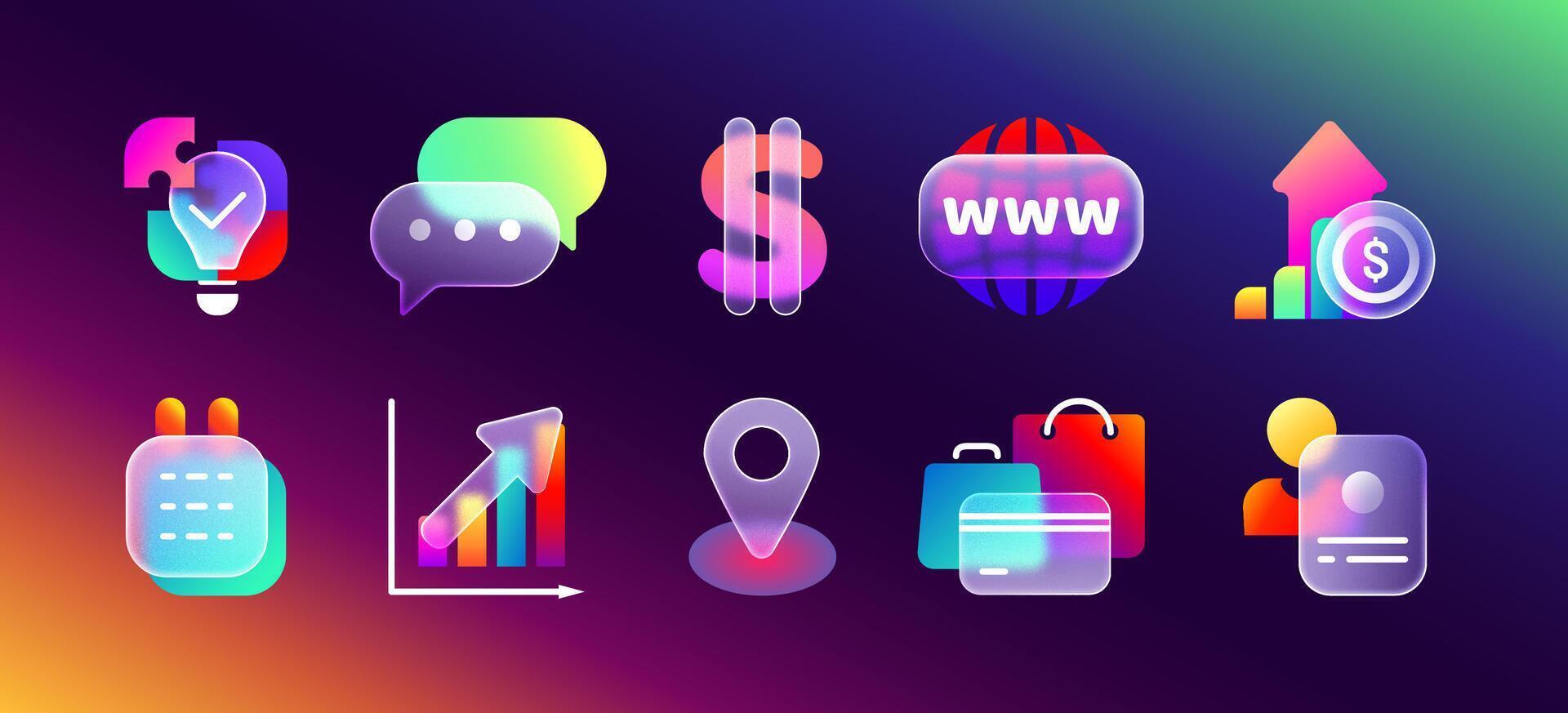 Transparent frosted glass morphism icons with neon gradient. 3d glassmorphism ui icon set of business, finance profit, money income or online shopping sign for mobile app. Realistic matte blur buttons vector