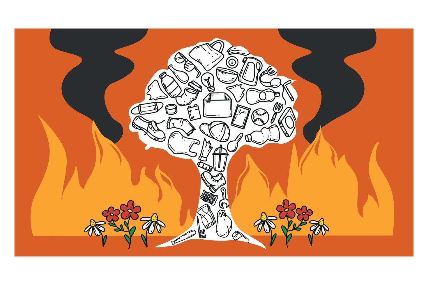 Tree silhouette filled with plastic garbage doodle icon. Fire in forest, nature disaster. Plant and flowers in flame. Environment ecology catastrophe. Save earth planet. Stop wildfire, waste pollution vector