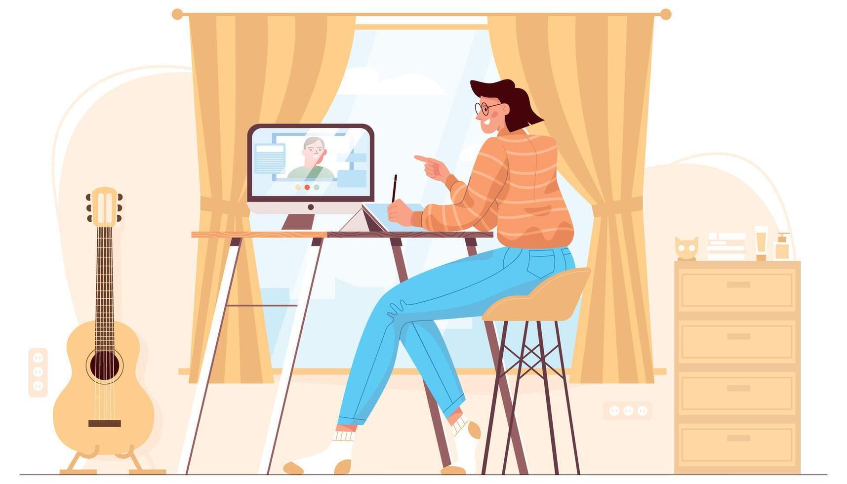 Flat woman work at home office, sitting in chair at the computer. Comfortable workplace for freelance, remote job, distant study. Employee conducting videoconference, online meeting with colleague. vector
