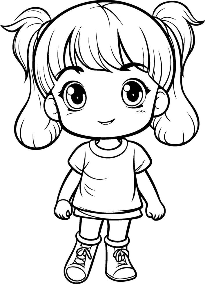 Cute little girl for coloring book or page. vector