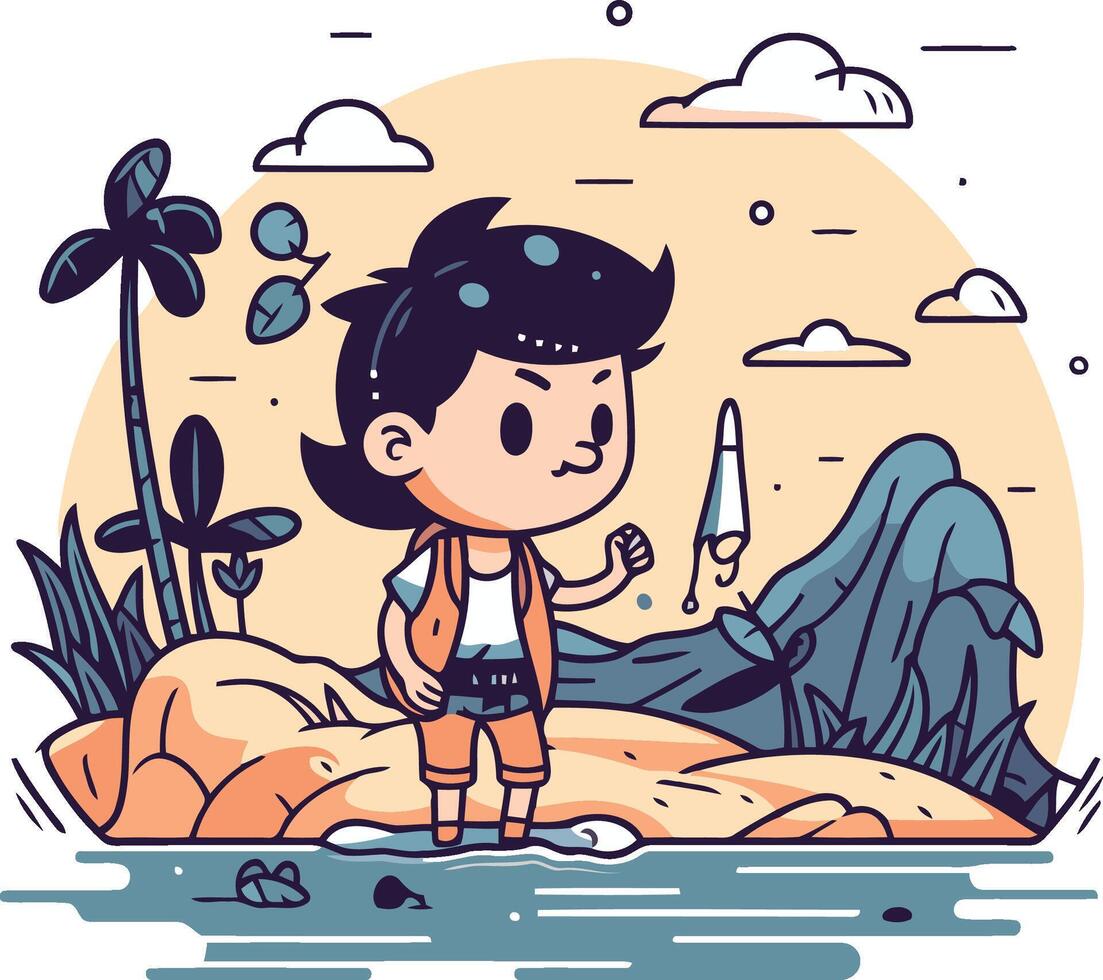 Cute little boy on the beach in cartoon style vector