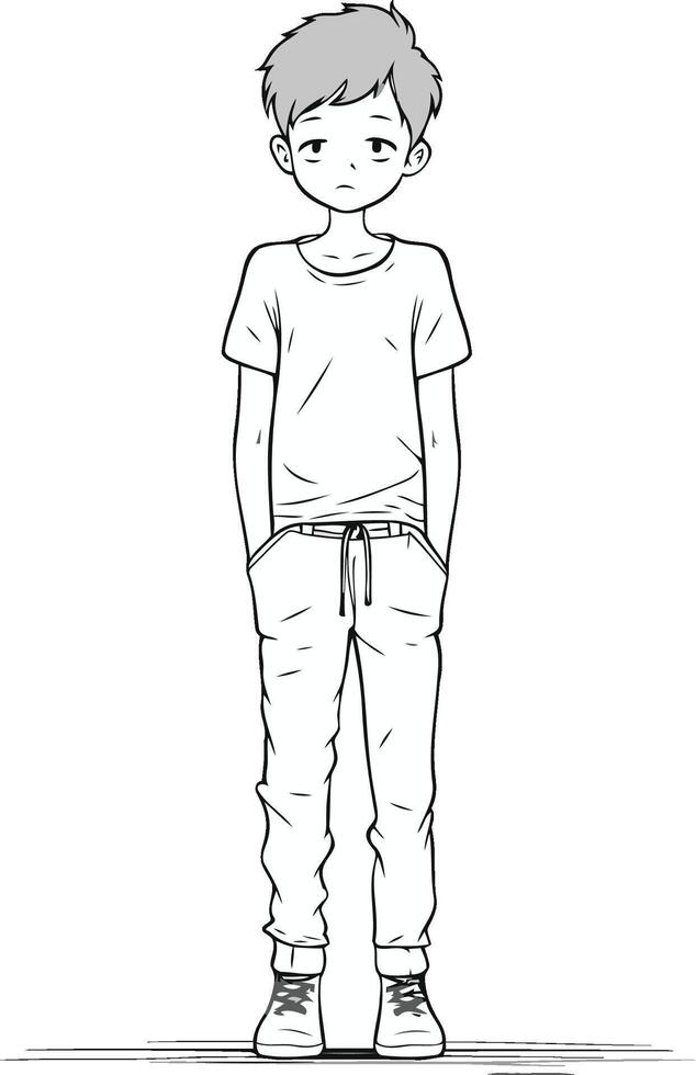 A boy in casual clothes stands on a white background. vector