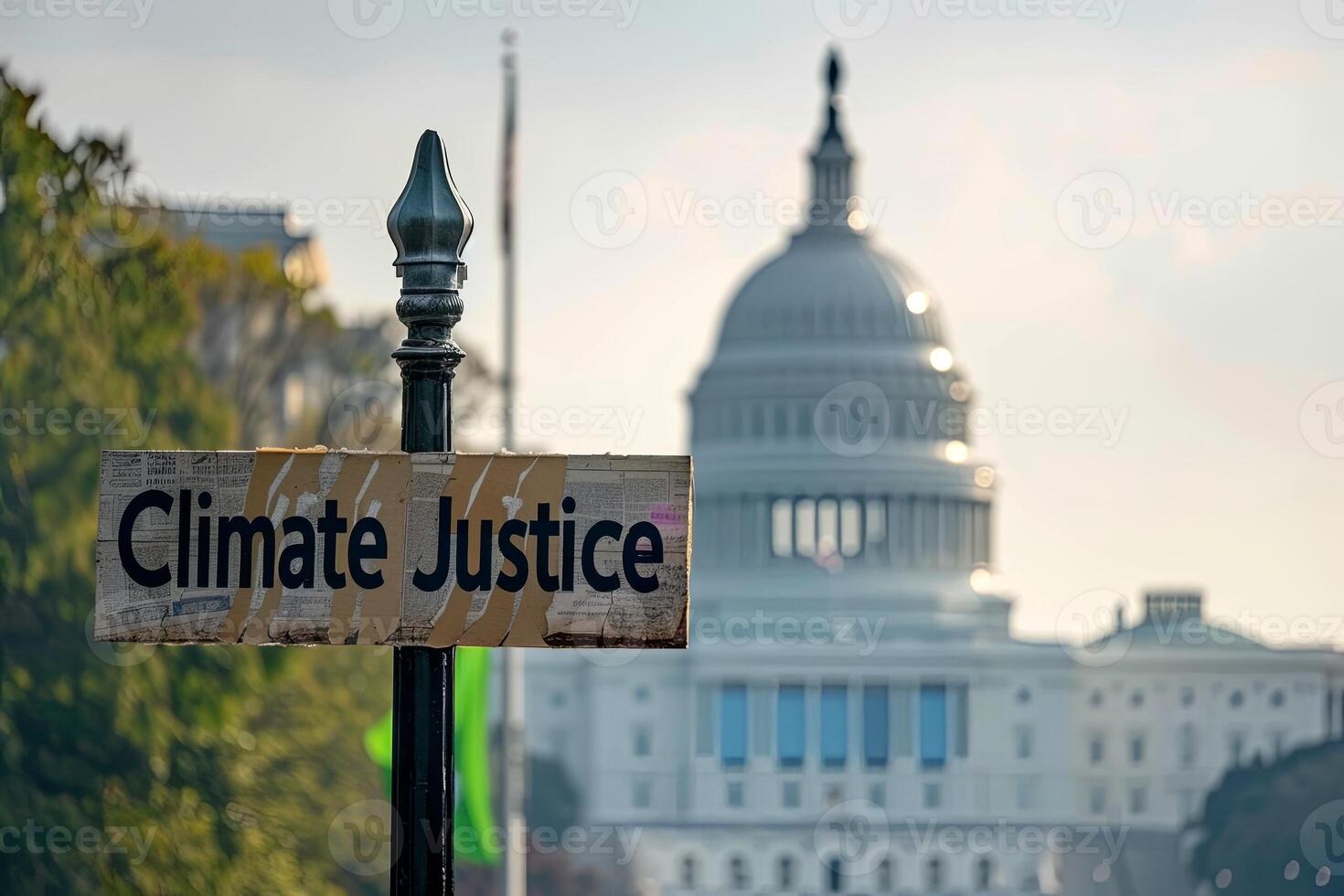 Climate Justice text on a banner outside the Capitol in washington dc photo