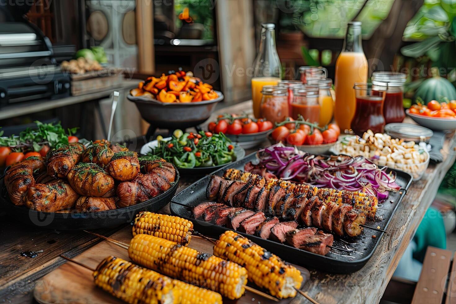 table with summer food such corn on the cob, grilled meat, hot dogs, veggie skewers, plates of ripe and colorful fruits or vegetables, photo