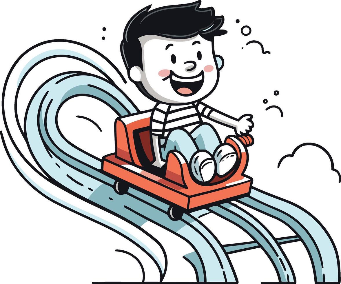 Cartoon happy boy sliding on a snow slide. vector