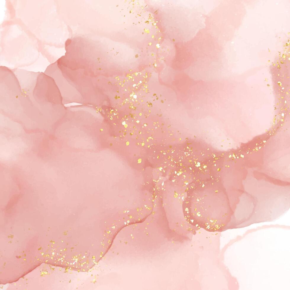 elegant pink hand painted alcohol ink background with gold glitter elements vector