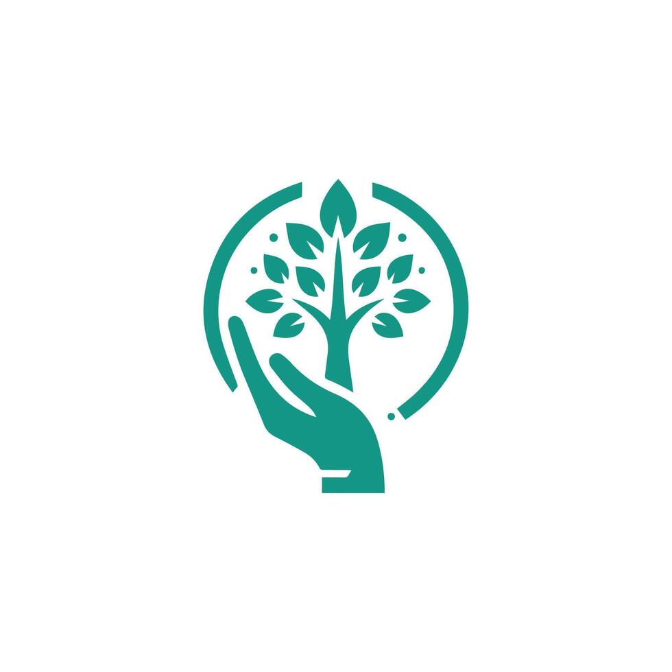 Green Harmony Symbolic Union of Hands and Leafy Tree vector
