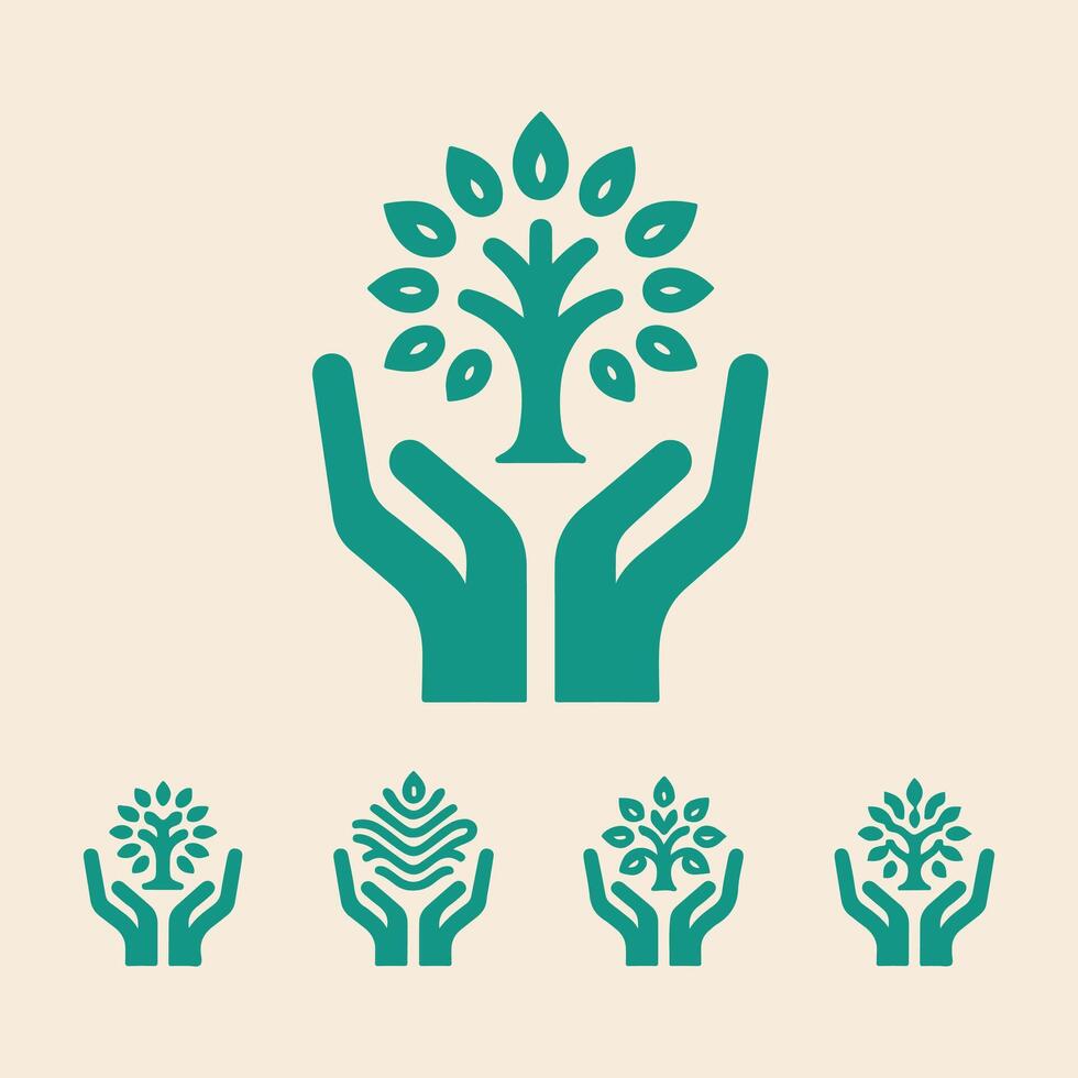 Human hands and tree with green leaves. Logo, symbol, icon, illustration, vector