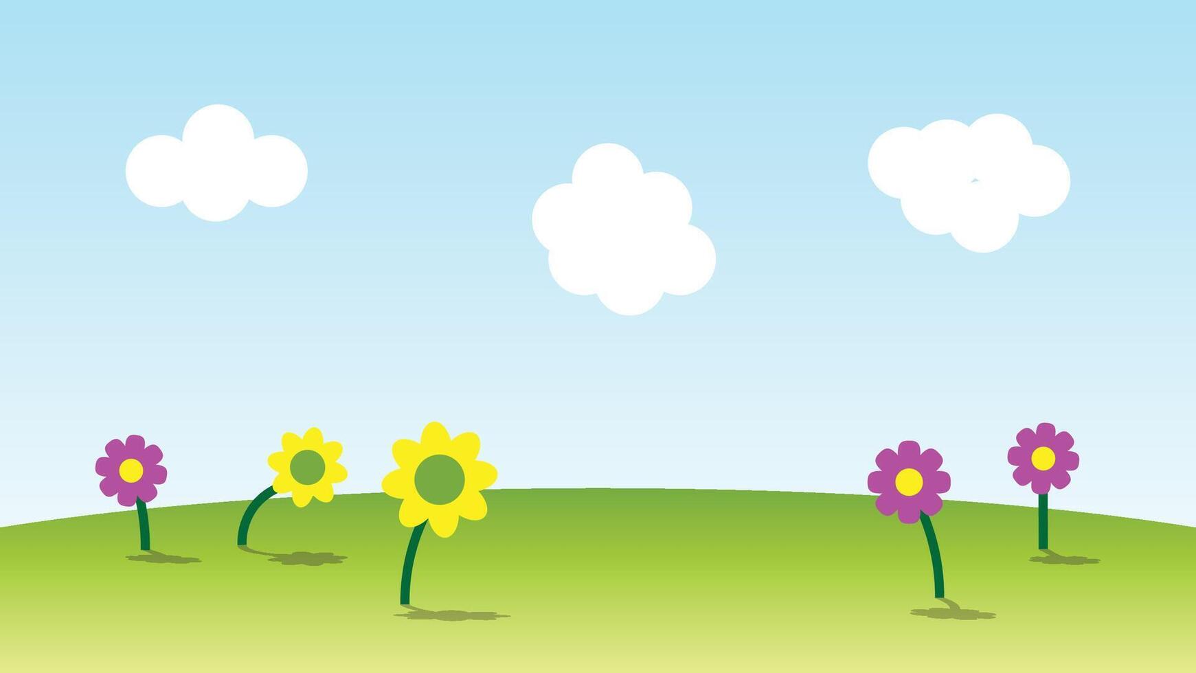 landscape cartoon scene. colorful flower on green hill with white cloud and blue sky vector