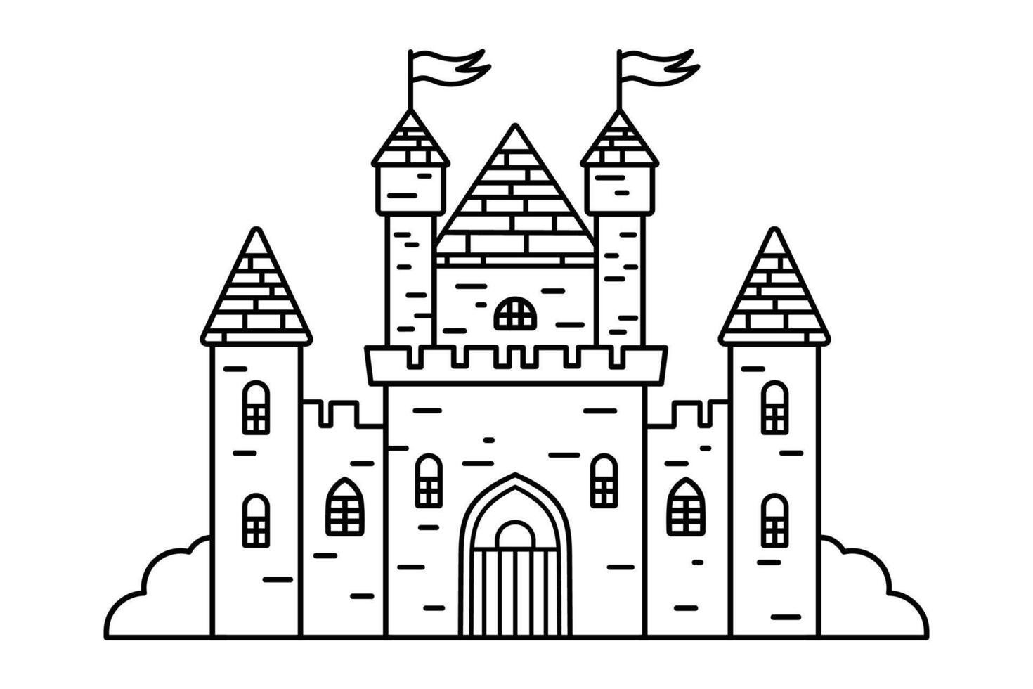 Line art illustration of medieval castle with towers and flags, black and white coloring page, fairy tale architecture concept. vector
