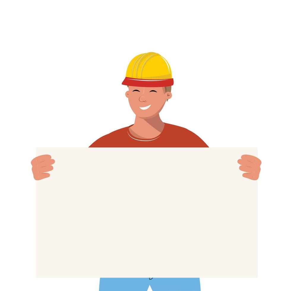 Happy man wearing protective helmet holding a big blank board in front of him vector