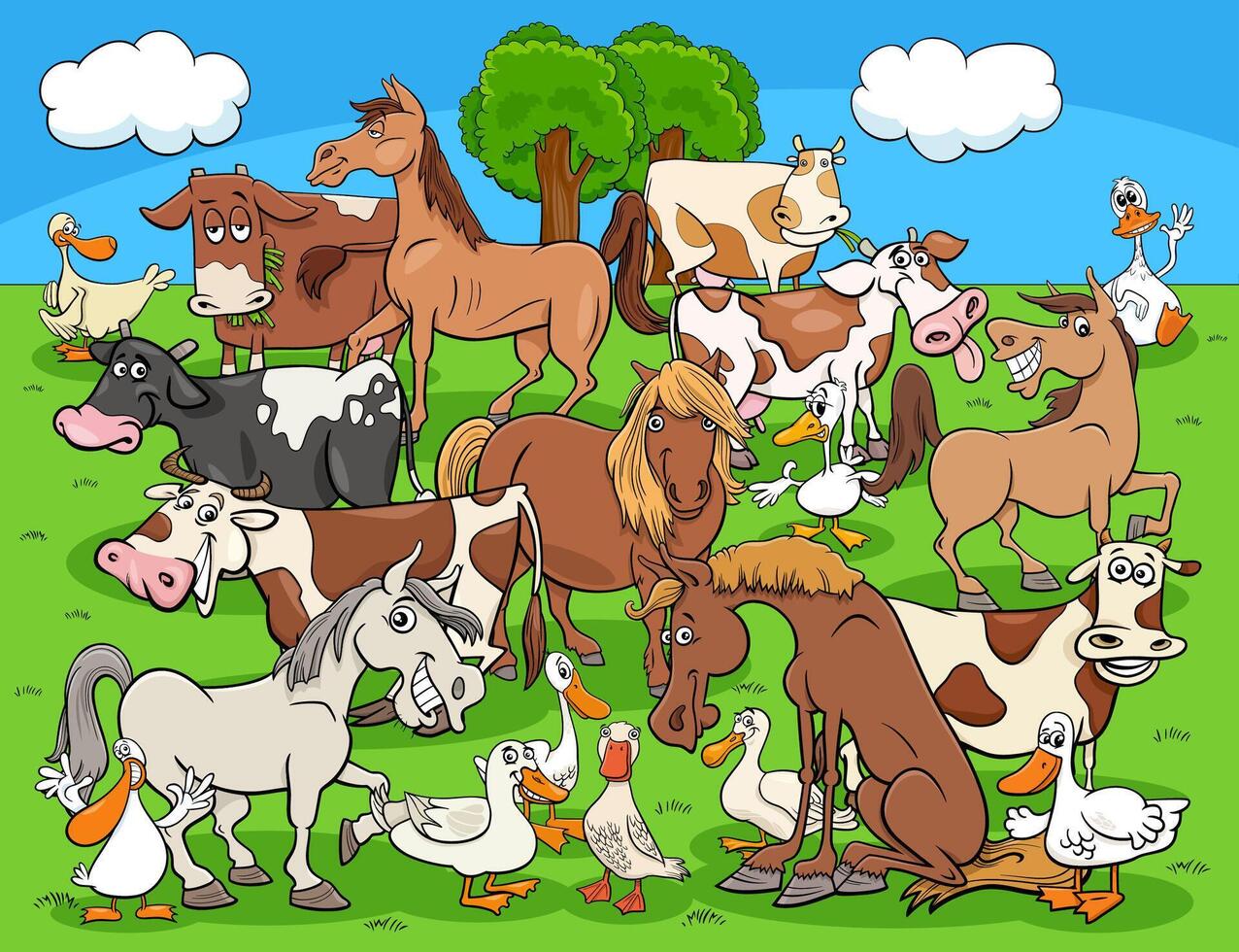 funny cartoon farm animals characters group vector