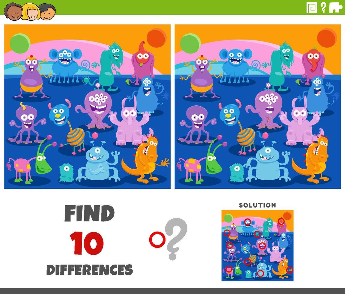 differences game with cartoon aliens characters group vector
