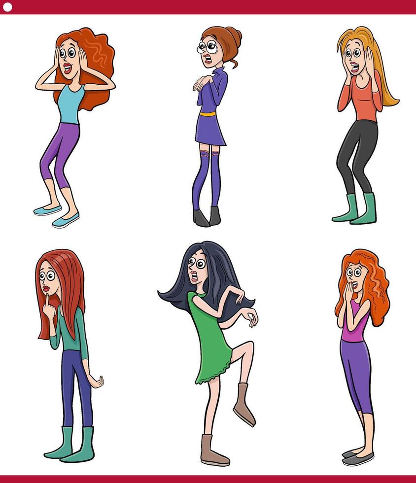 cartoon surprised young woman characters humorous set vector