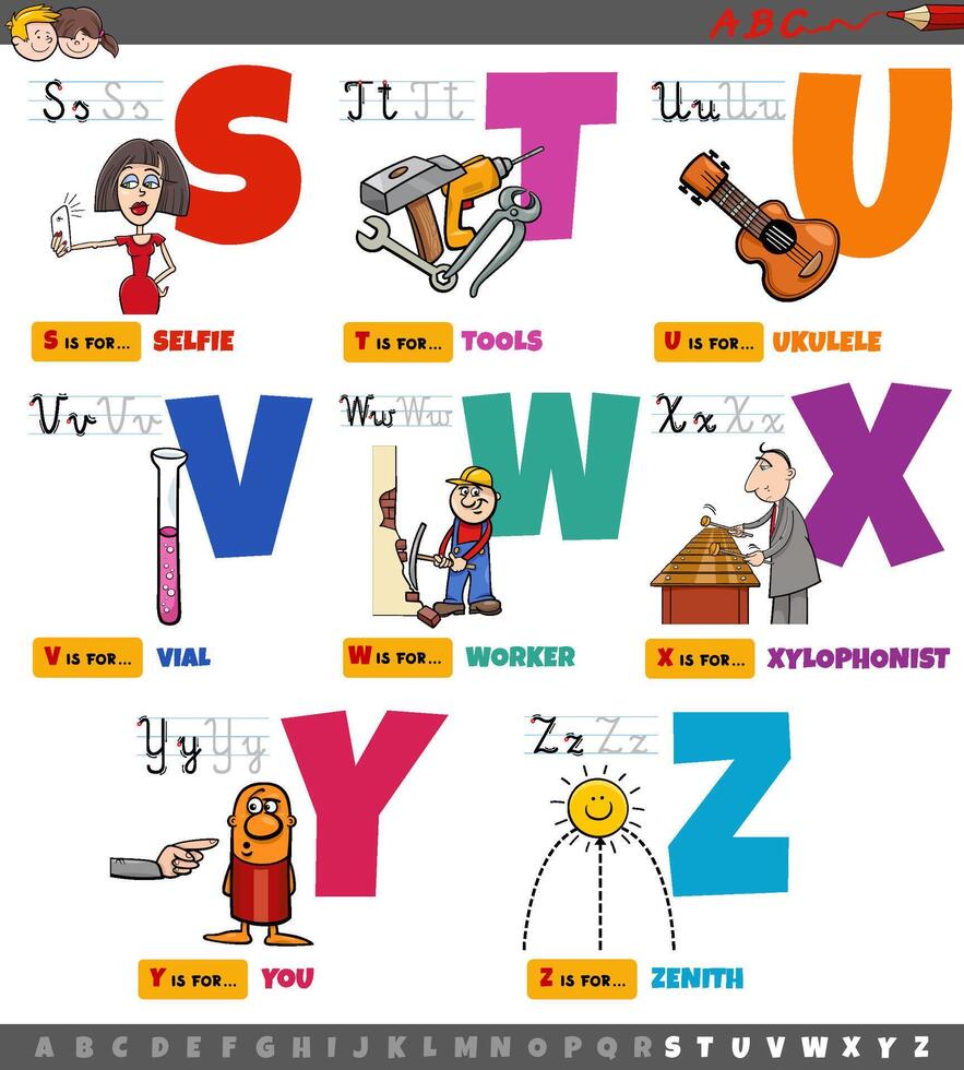 educational cartoon alphabet letters for children set from S to Z vector