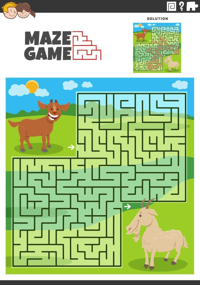 maze game with cartoon goat and kid farm animals vector