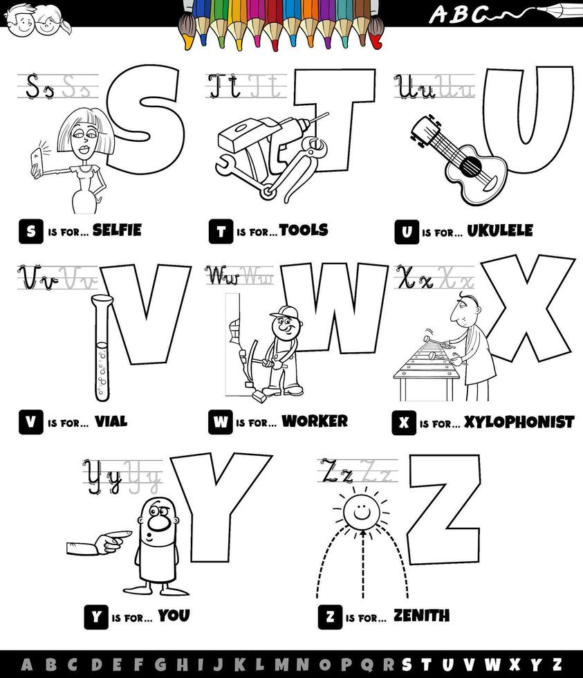 educational cartoon alphabet set from S to Z color book page vector