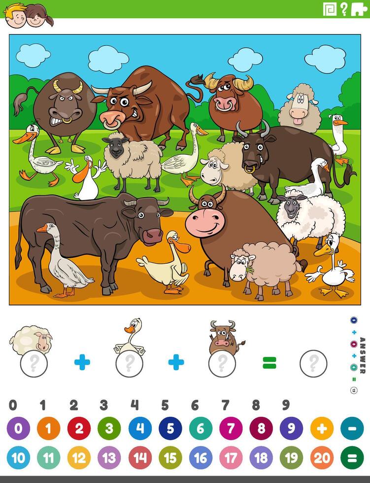 counting and adding activity with cartoon farm animals vector