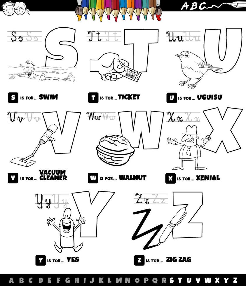 educational cartoon alphabet set from S to Z color book page vector