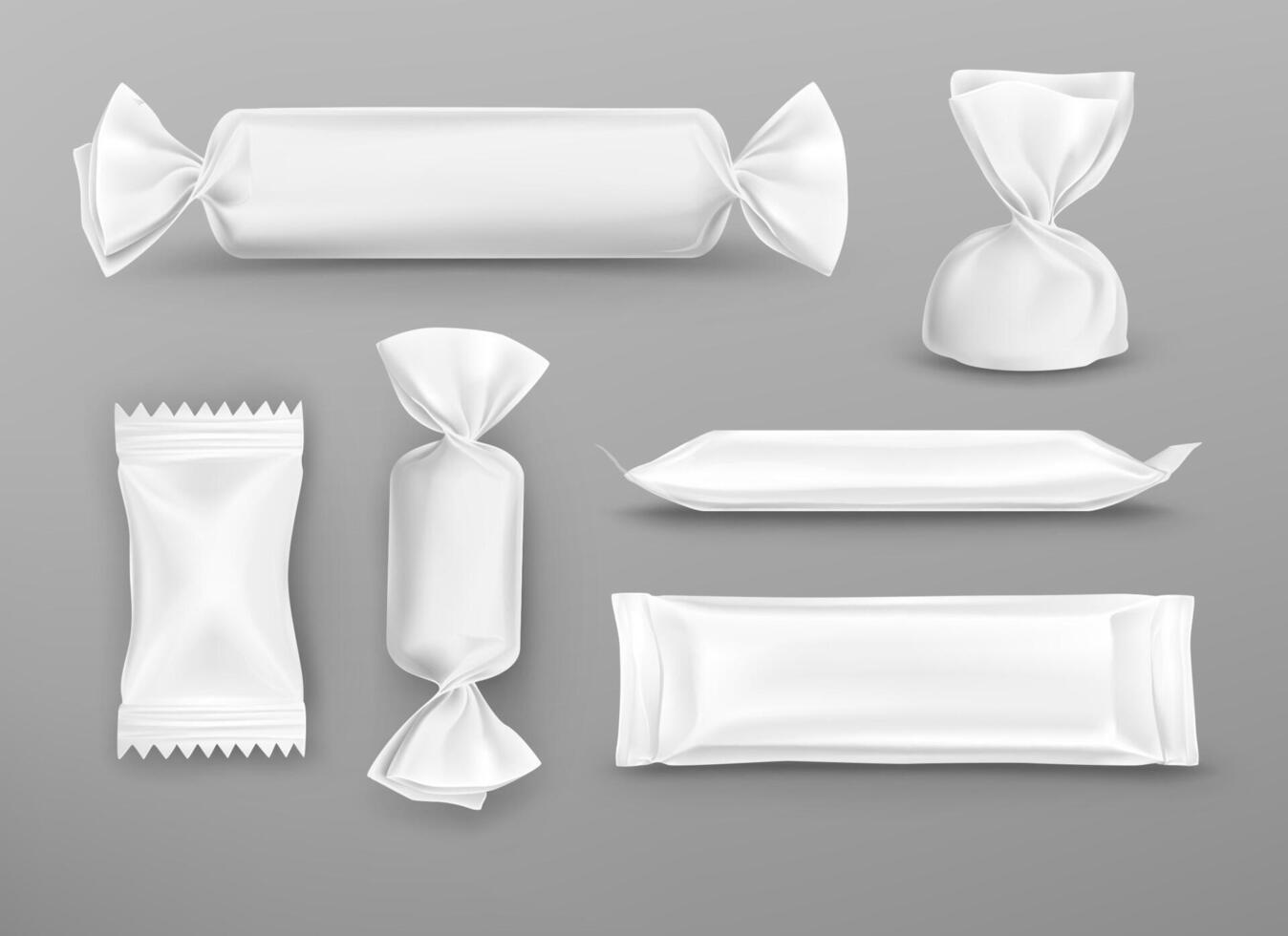 Realistic white blank package for chocolate, candies, lollipops and pouch sweets production. 3d food snack packaging mockup, design elements. Candy wrappers set isolated on grey background. vector