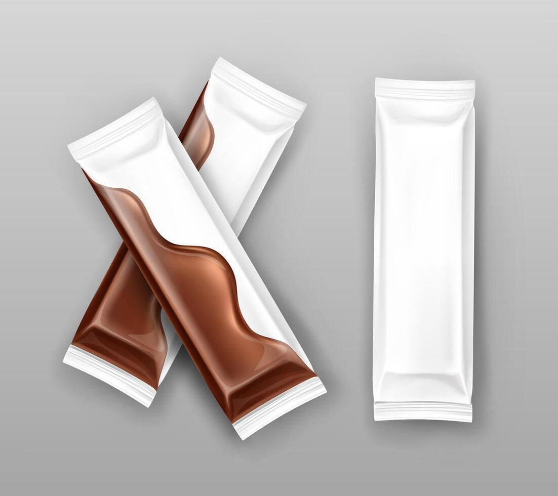 White branded blank plastic or foil for sweets. Food product template packages realistic set isolated on grey background. Design of packaging for snacks - chocolate, biscuits, candy, bars. vector