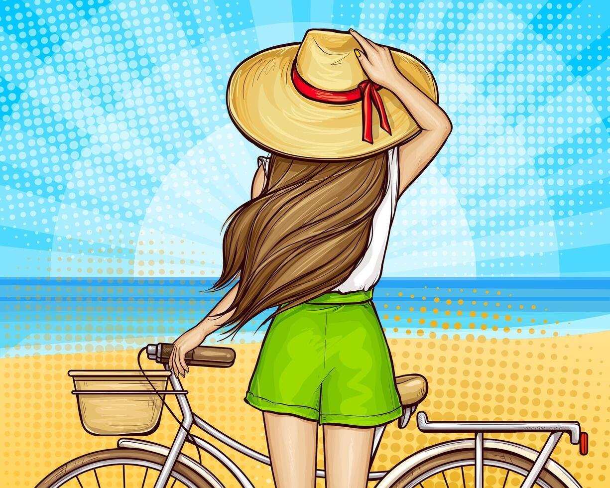 Pop art summer girl in shorts and straw hat standing backwards with bicycle, illustration on halftone background with sea and beach. Young woman near bicycle with basket, back view. vector