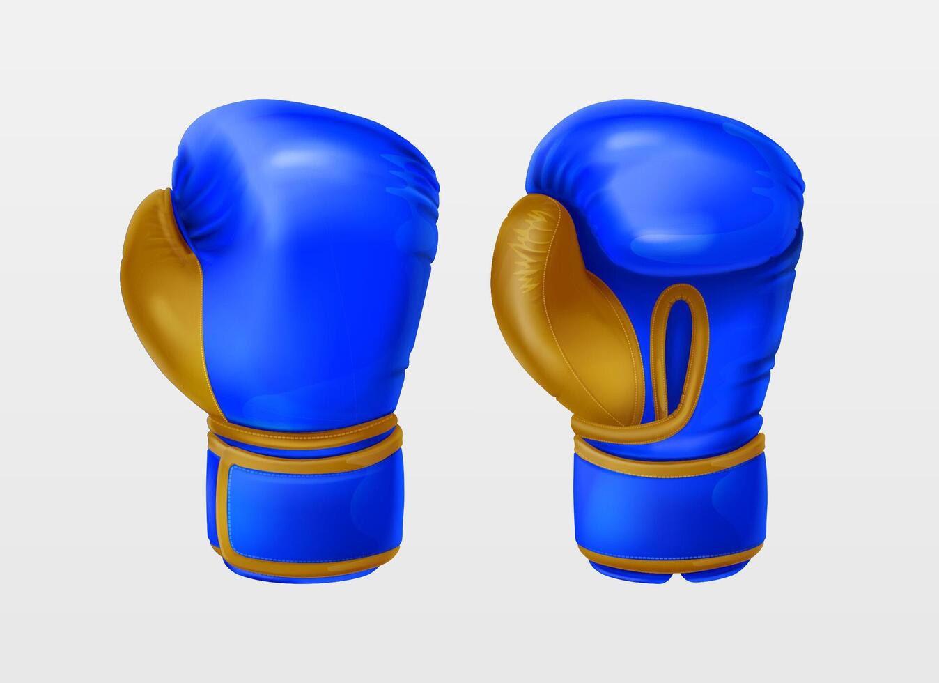 Realistic blue pair leather boxing gloves. Sport equipment to protecting hands in fist fight. Boxer sportswear for punch workout., shockproof sparring, combat or training on punching bag. vector