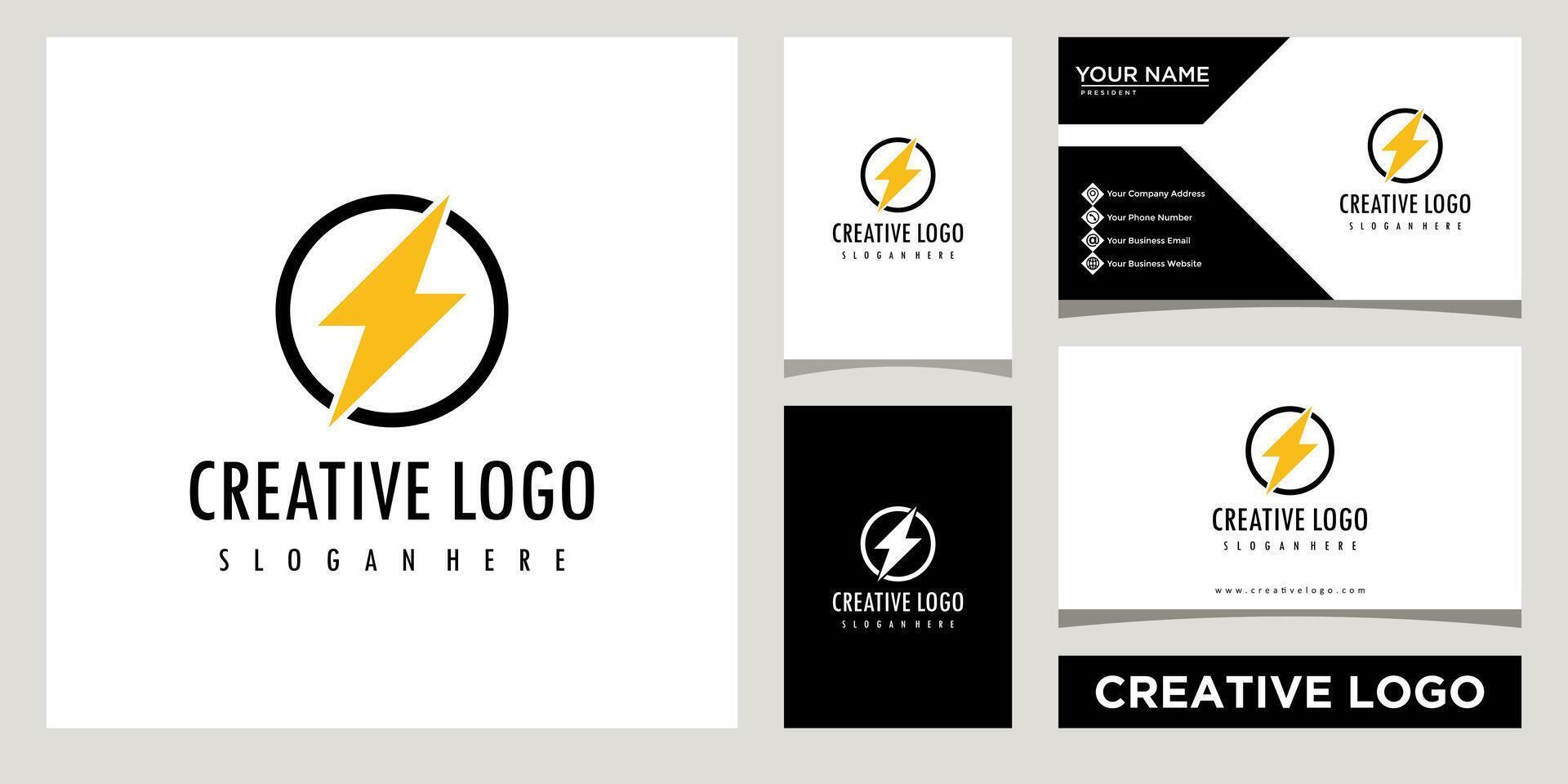 light bolt electric icon logo design template with business card design vector