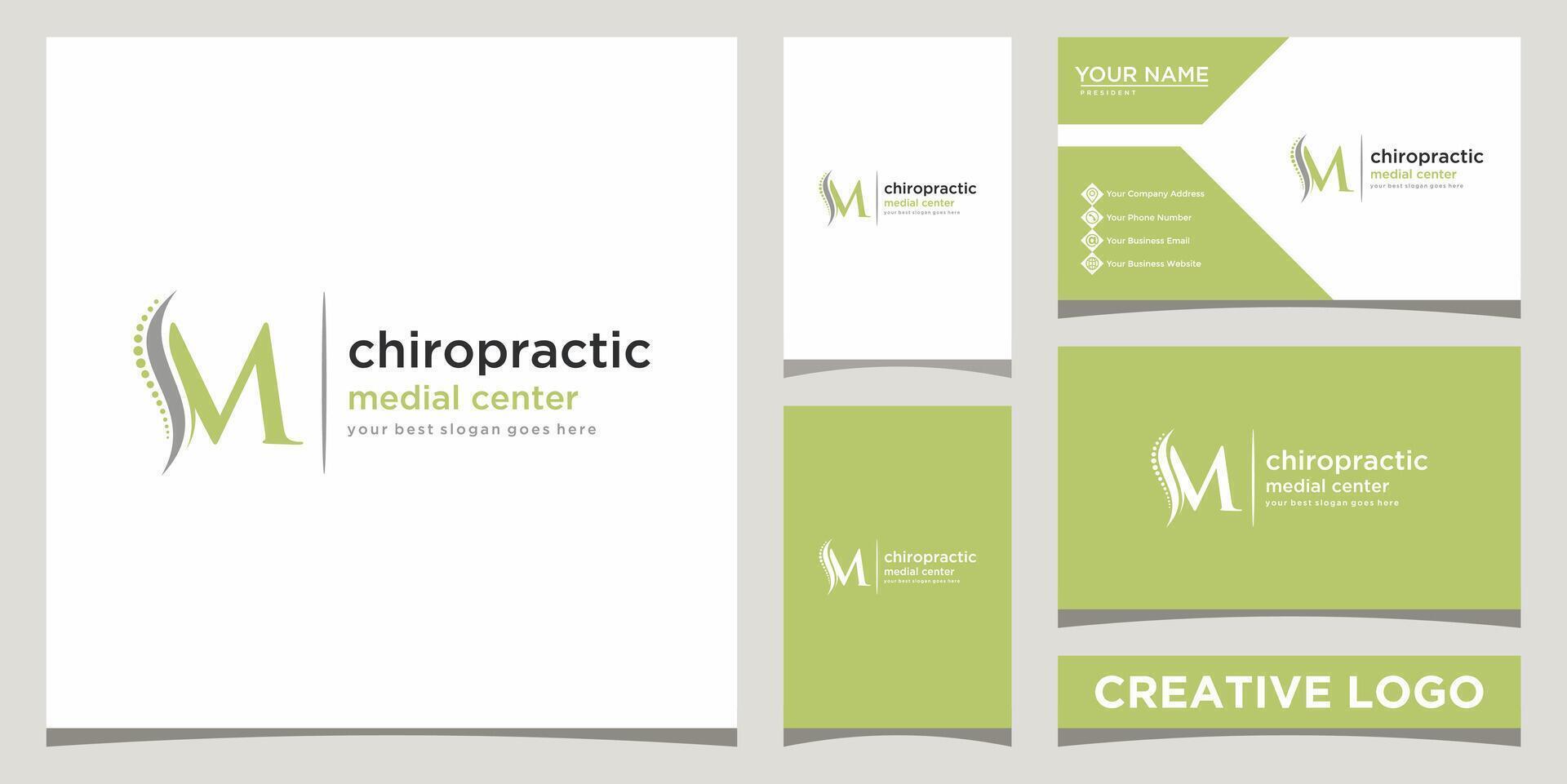 initial M chiropractic logo design template with business card design Premium vector