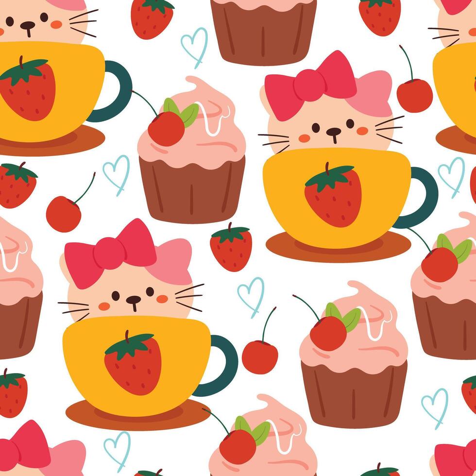 seamless pattern cartoon cat inside a cup. cute animal wallpaper for textile, gift wrap paper vector