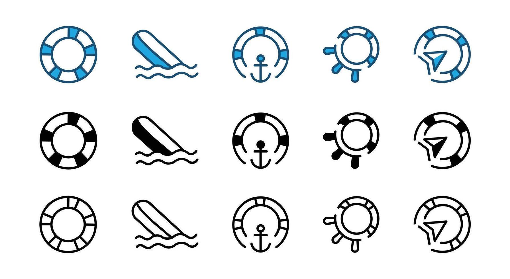 Life buoy thin line icon with steering wheel, anchor, compass, wave, and wind rose for help, support, service. vector