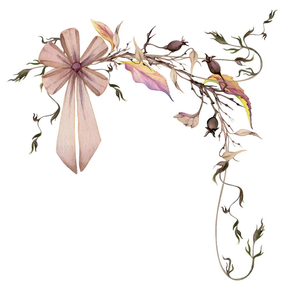 Hand drawn watercolor illustration shabby boho botanical flowers autumn leaves tendrils vine rose hip branches twigs with bow tie. Corner frame isolated white. Design wedding, flower shop, gift cards vector