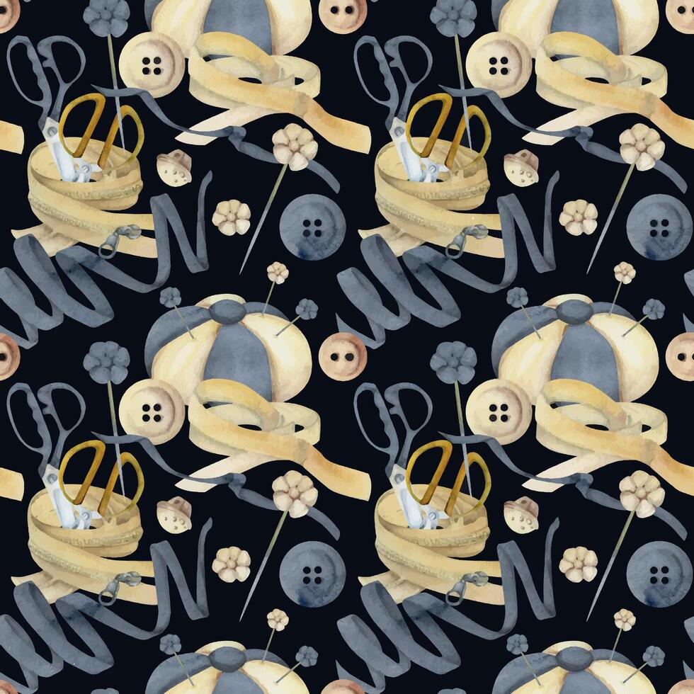 Hand drawn watercolor illustration sewing craft supplies. Clothes zippers, textile pin cushion with needles, buttons. Seamless pattern isolated on dark background. Design atelier, tailor, hobby shop vector