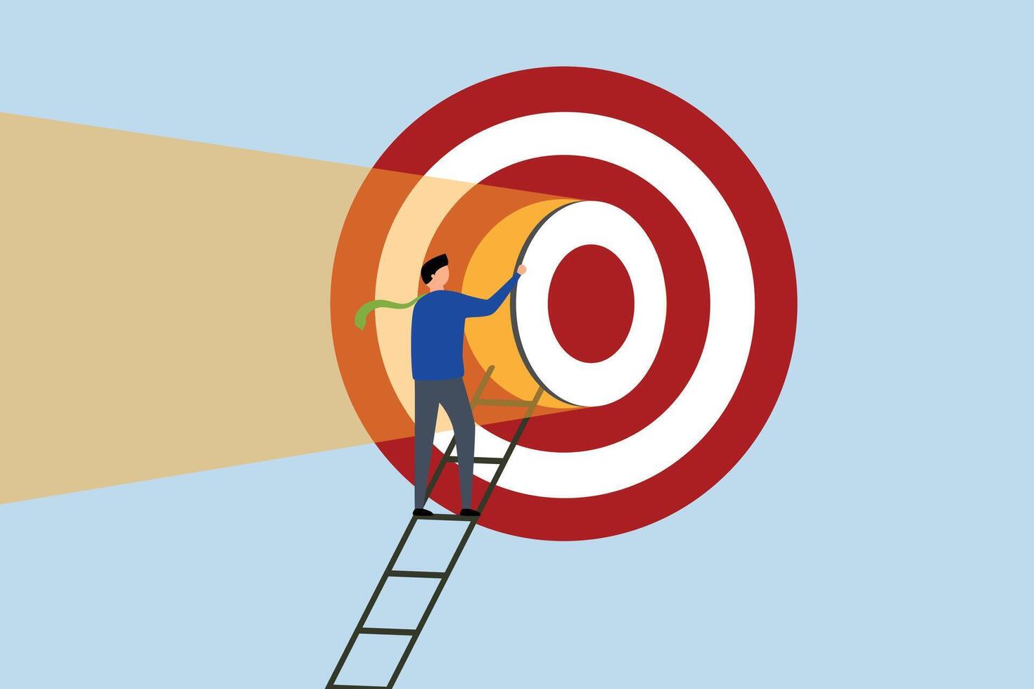 Secret to be success, businessman opens the bullseye door by ascending ladder to large archery target. vector