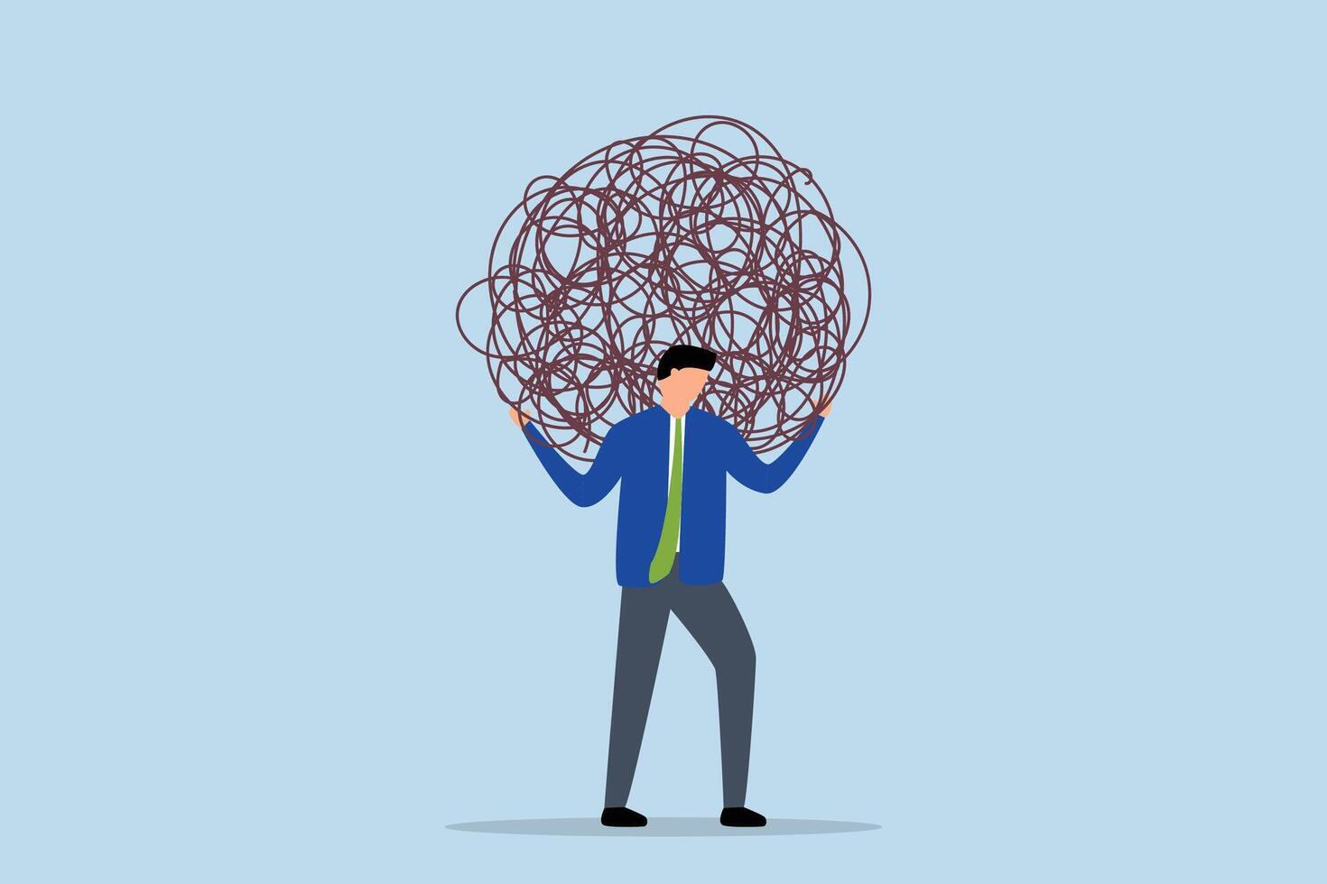 Stress burden, tired exhausted businessman carrying heavy tangled rope on his back. vector