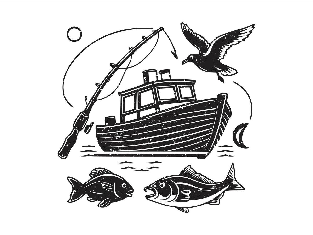 A black silhouette of a fish. boat, rod, clip art vector