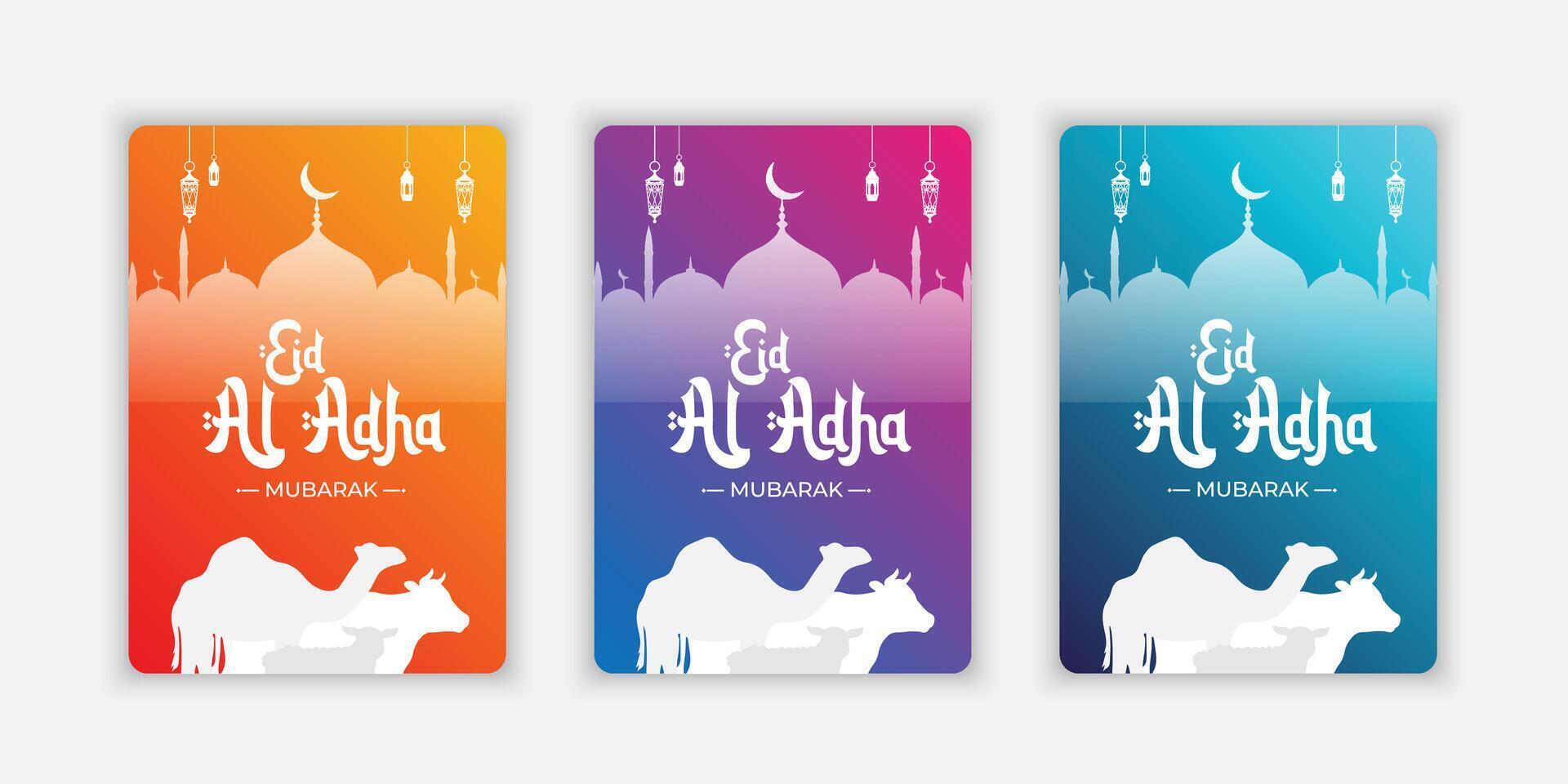 Eid al Adha set collection background gradient with camel, goat and cow silhouette vector