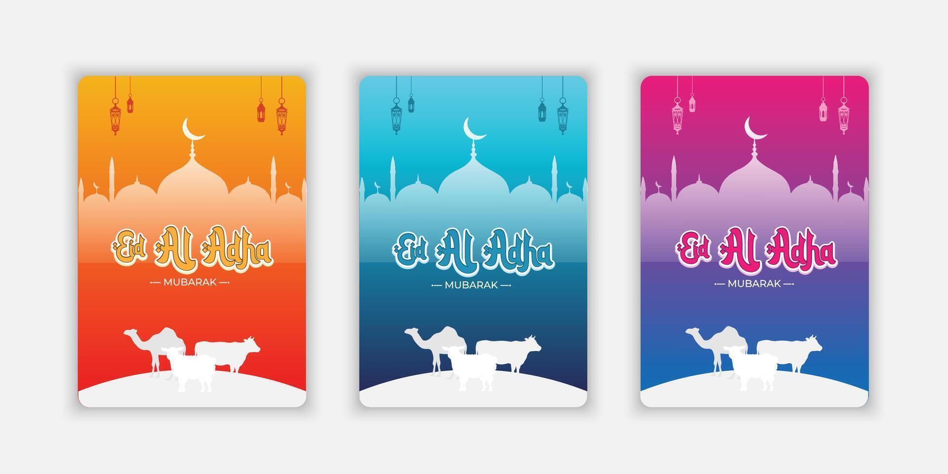 Happy Eid Al Adha Mubarak celebration set banner with paper cut effect on gradient color background. Eid Al Adha Mubarak Muslim celebration day vector