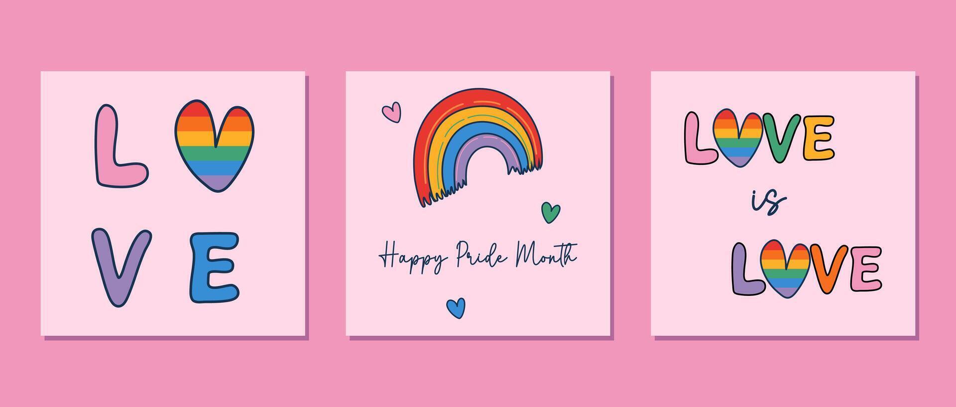 Set of groovy 70s style retro posts with LGBTQ symbols. Happy Pride Month cards, banners, prints. Doodle style illustrations. vector