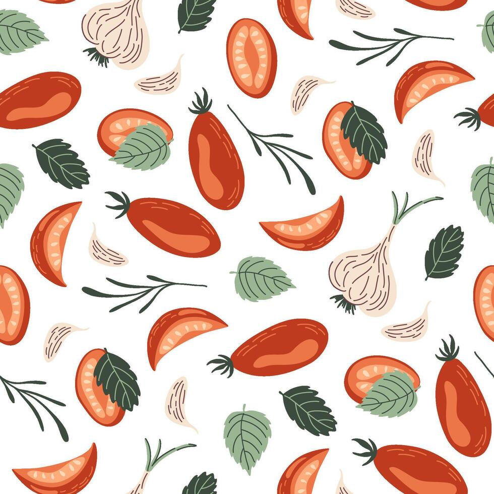Sun-dried tomatoes seamless pattern. Fresh summer vegetables background. Cute ornament with tomatoes, garlic, basil and herbs. Flat style illustration for fabric, paper, card. vector