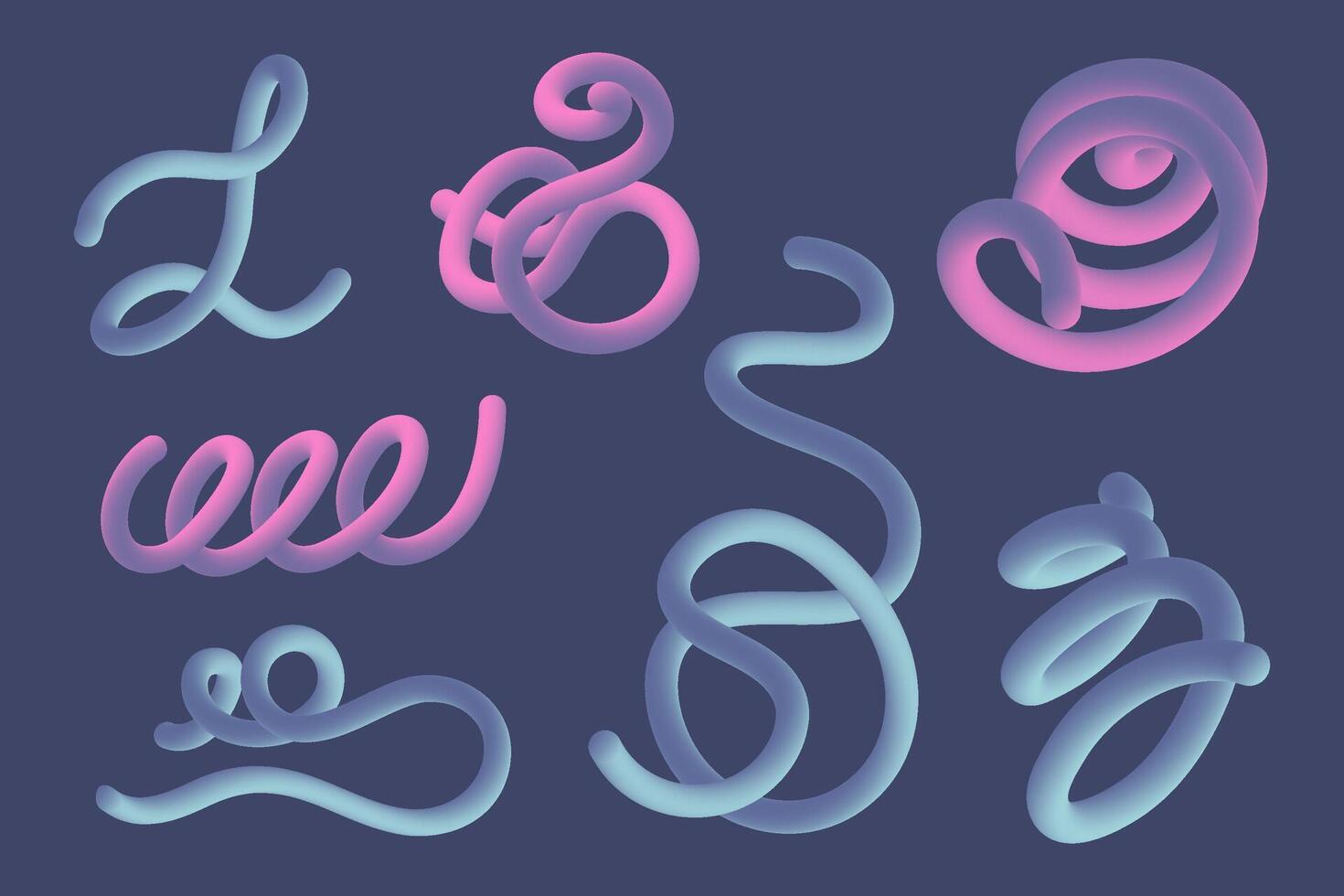 Y2K spiral 3d neon liquid shapes. Trendy vivid colorful gradient elements. Retro design abstract objects. Vibrant forms, spirals, waves, blend strokes. vector