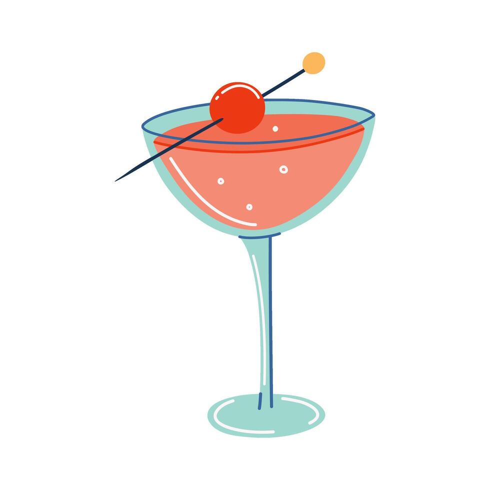 70s style alcohol party drink with cherry. Cool Summer cocktail. Retro colors glass with red sparkling drink. Flat style isolated illustration. vector