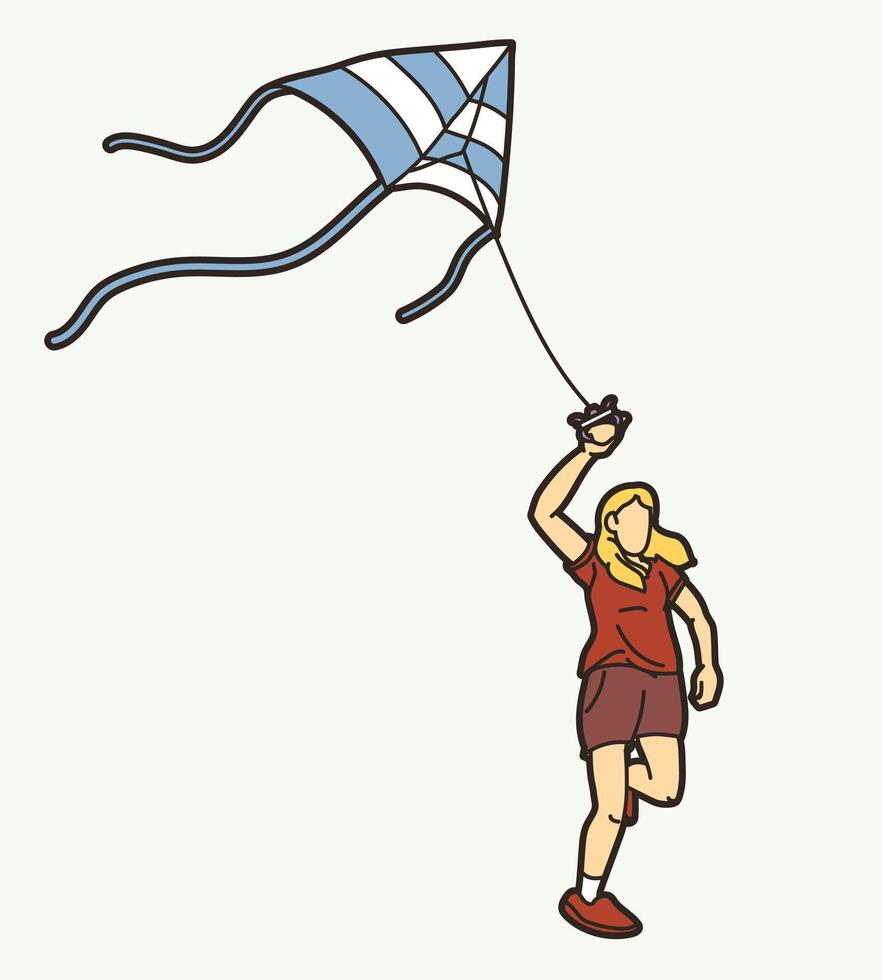 A Girl Running Fly a Kite Cartoon vector