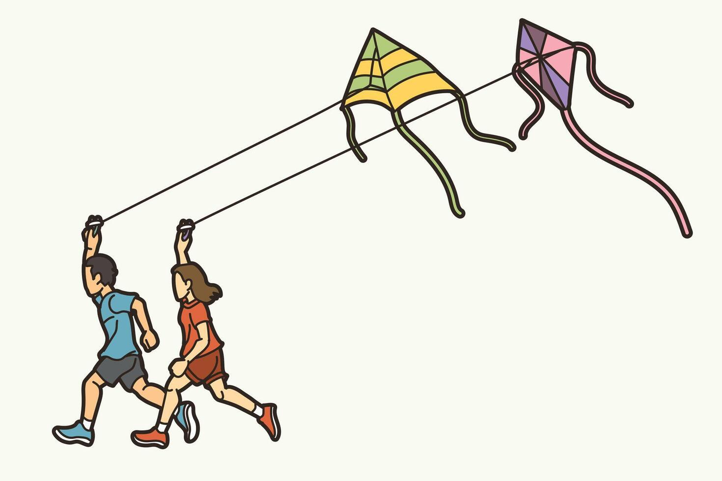 A Boy and A Girl Running Fly a Kite Children Playing Together Cartoon Sport vector